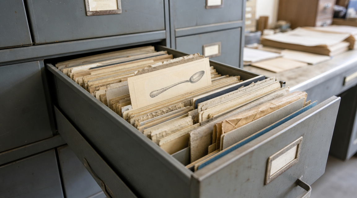 Lost-property inventory cards in an archive drawer, with one card describing a spoon.