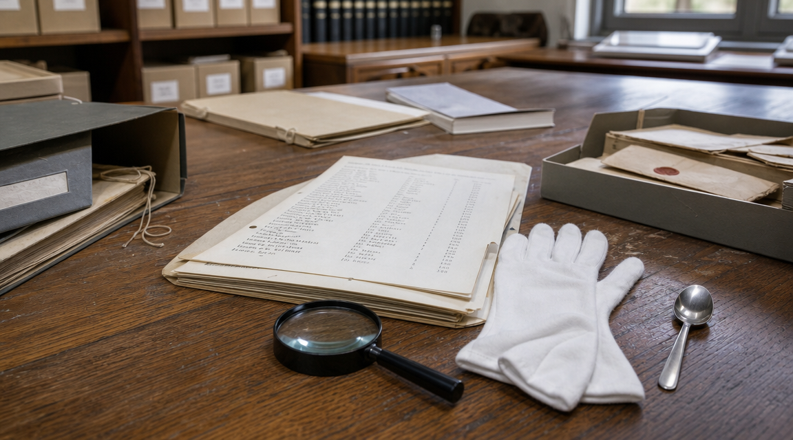 Inventory files and a stainless spoon arranged on an archive table. FACEBOOK ANGLE: A worthless bent spoon kept showing up in official railway paperwork after the building it belonged to had been demolished. FACEBOOK VISUAL MOMENT: The most shareable image is the dull stainless spoon laid beside repeated inventory sheets, looking less like cutlery than a minor case file. FACEBOOK SHORT SUMMARY: A railway canteen spoon should have disappeared with the closed buffet. Instead, versions of it kept entering lost-property inventories across different years, turning an ordinary utensil into a paper trail nobody could quite explain.