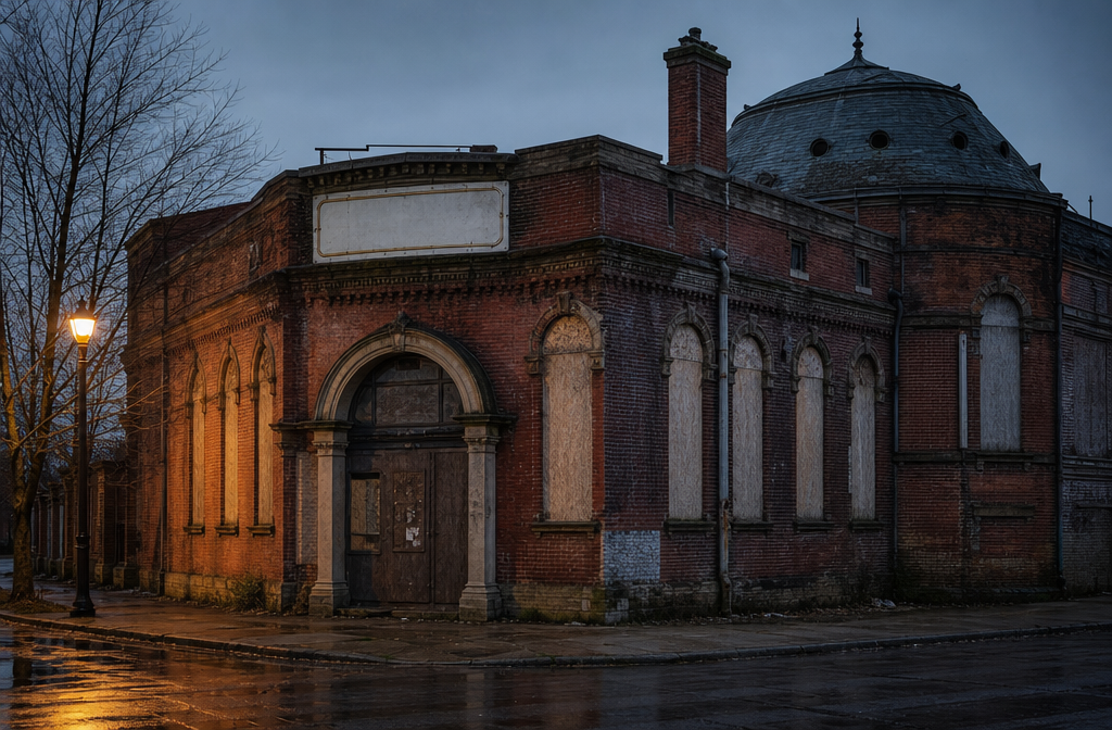 Boarded exterior of the abandoned Redwater Thermal Bath at dusk.