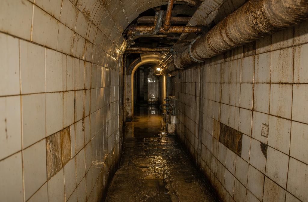 Tiled service tunnel with rusted pipes and puddles under the bathhouse.
