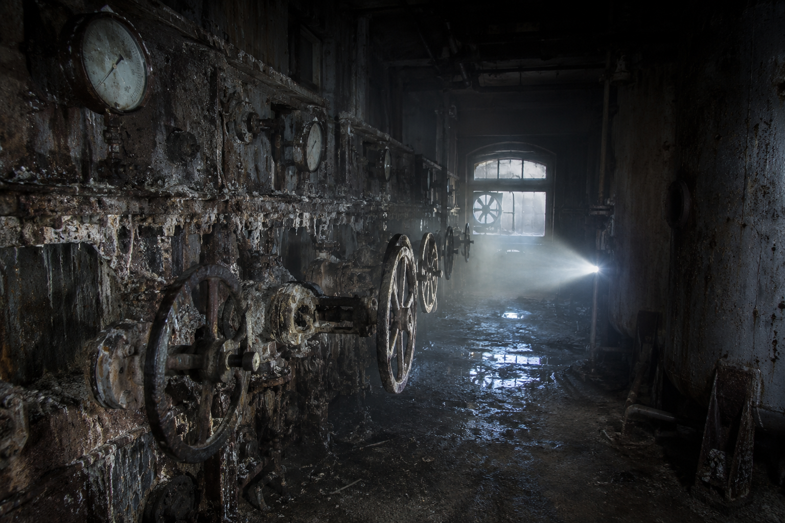 Old steam gallery with valves, gauges, and mineral buildup.