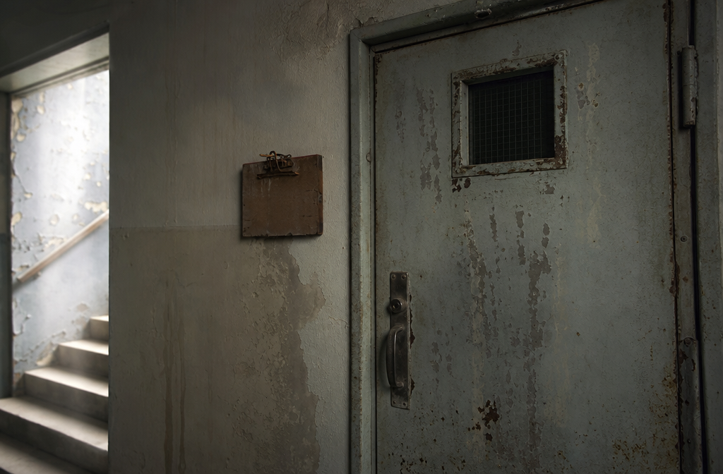 Corroded service-only door inside the closed thermal bath.