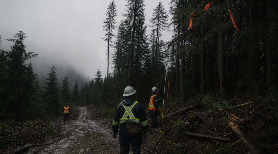 Orange survey ribbons hanging unusually high in conifer branches above a wet Sable Ridge worksite.