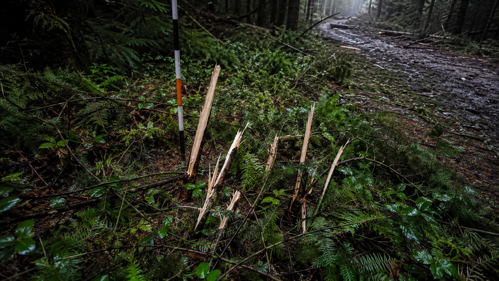 Snapped cedar saplings with fresh splintered wood beside a brushy logging spur.
