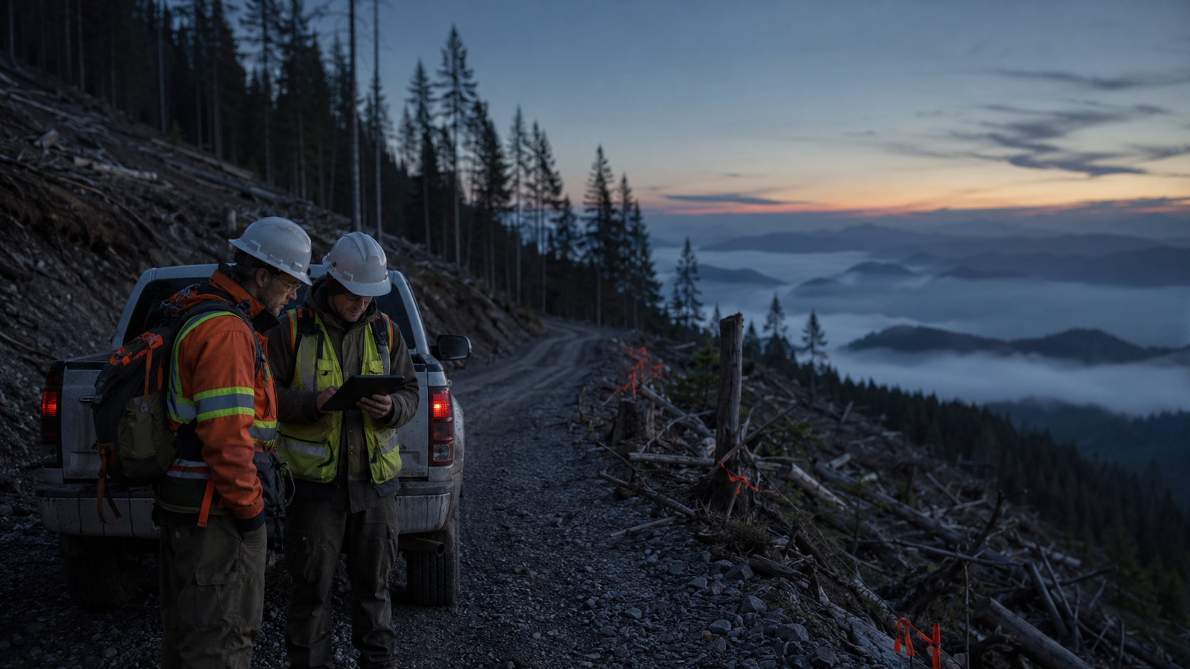 Survey crew members reviewing field photos near a pickup on a remote ridge road at dusk.