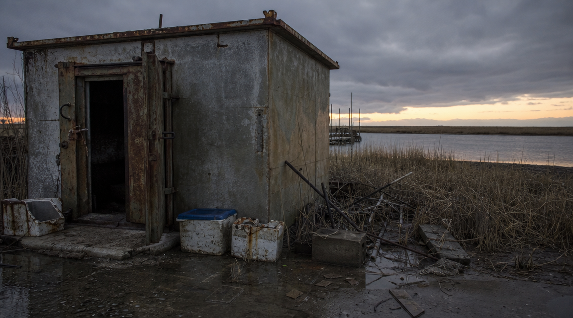 Abandoned saltmarsh fish station with a rusted bait freezer door