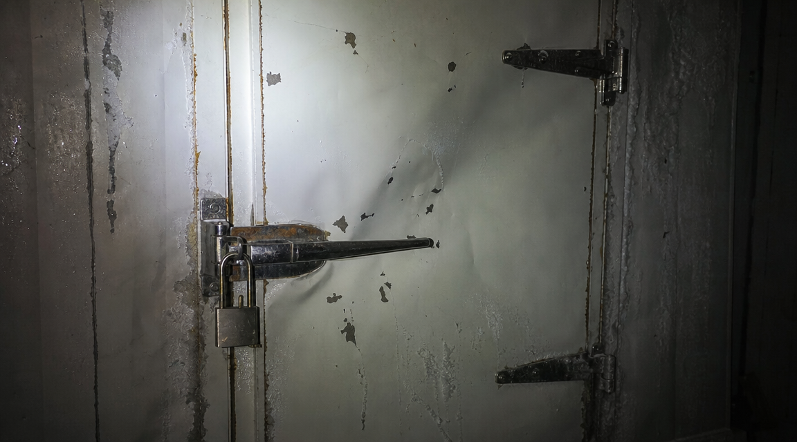 Locked bait freezer door dented outward from inside