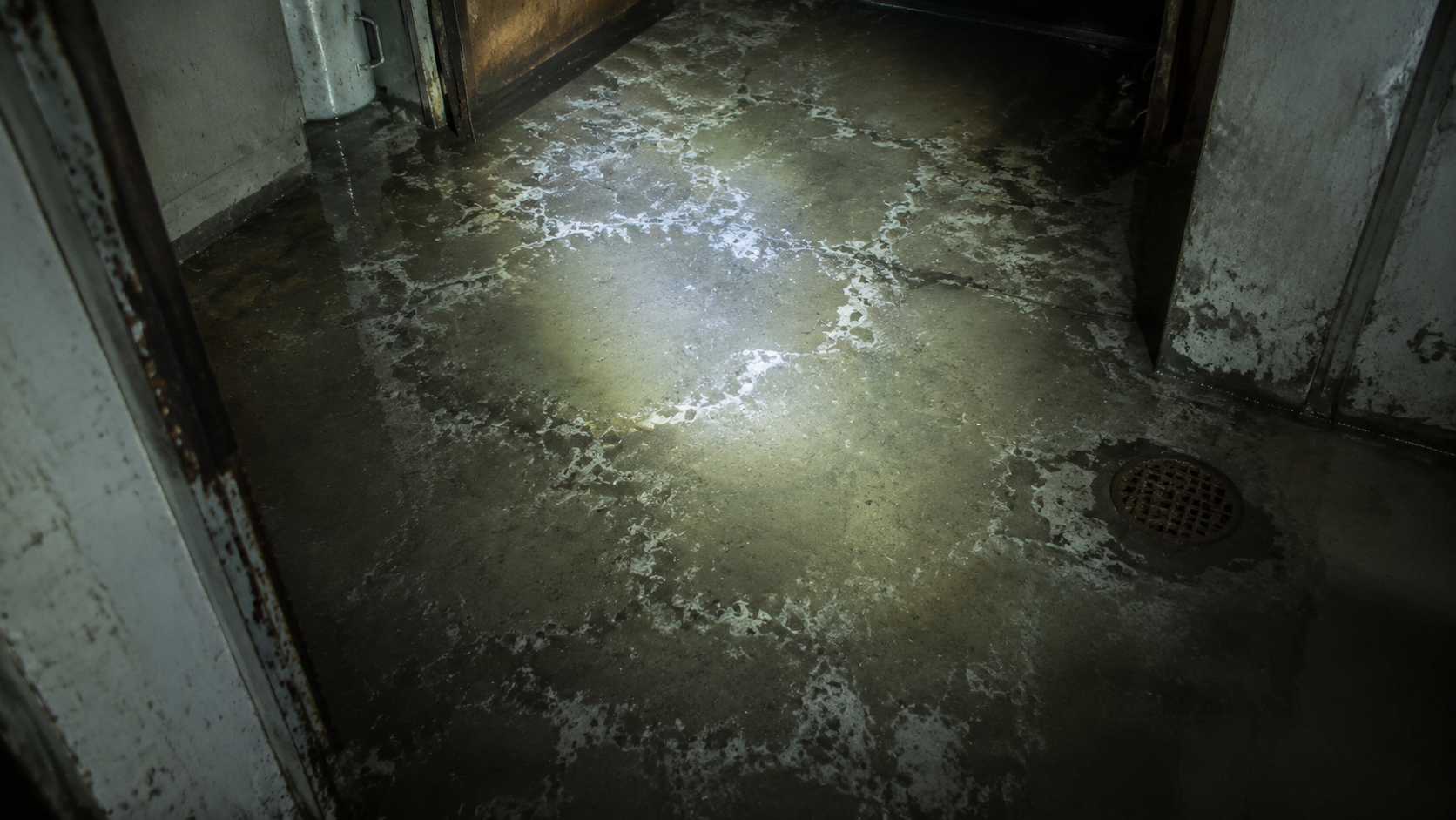 Briny scale-like marks drying on a concrete freezer floor