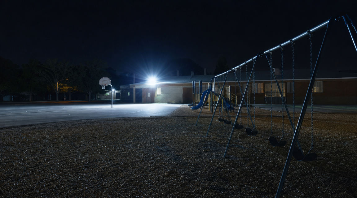 Blue-white nighttime security frame of an empty schoolyard with swings and a basketball hoop.