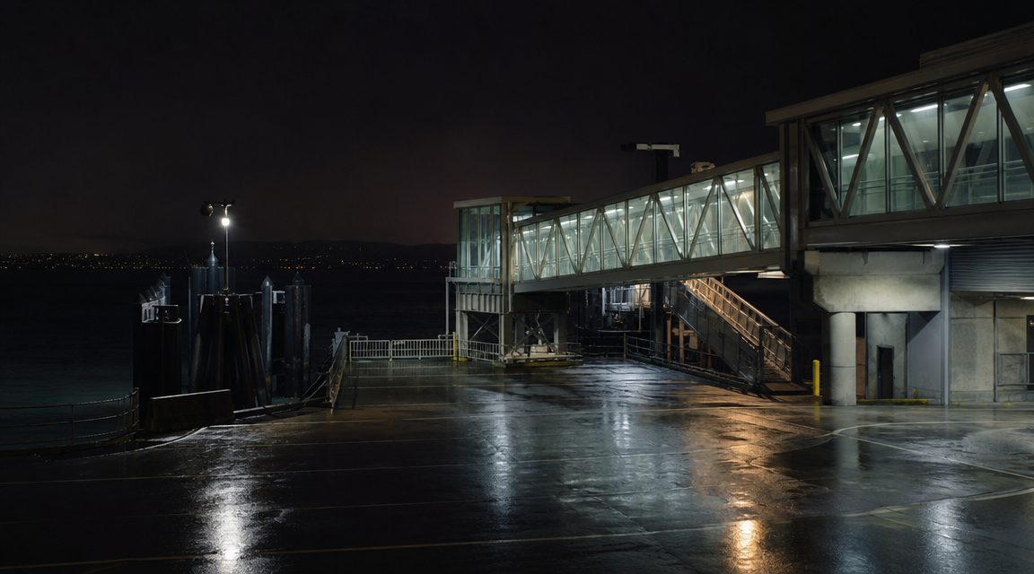 Closed ferry terminal passenger bridge at night