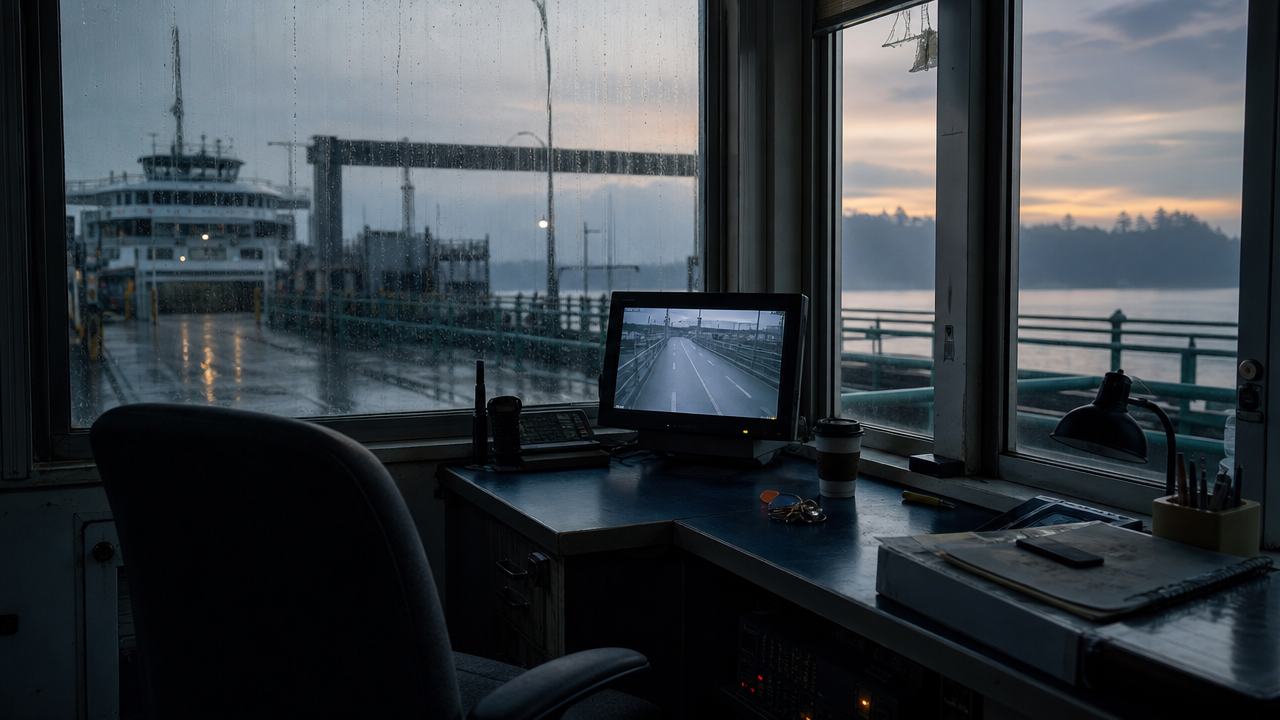 Security office reviewing empty bridge camera FACEBOOK ANGLE: A sealed passenger bridge was supposed to be empty after the last ferry left, but the overnight camera showed a dark figure crossing it anyway. FACEBOOK VISUAL MOMENT: A dim security camera view of a glass ferry bridge with a subtle dark figure midway across the locked walkway. FACEBOOK SHORT SUMMARY: After the last ferry departed, staff said the passenger bridge was locked and empty. Overnight security footage reportedly showed a dark human-like figure crossing the bridge anyway, leaving the case balanced between trespasser, reflection, and something harder to dismiss.