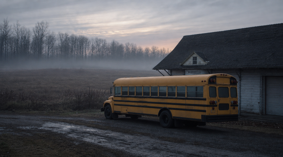 A yellow school bus parked outside a rural depot in early morning mist.