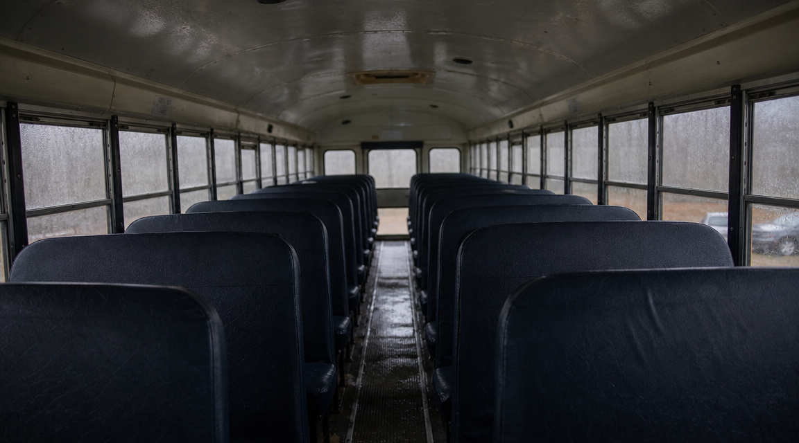 Empty school bus seats with water glistening faintly on the floor and cushions.
