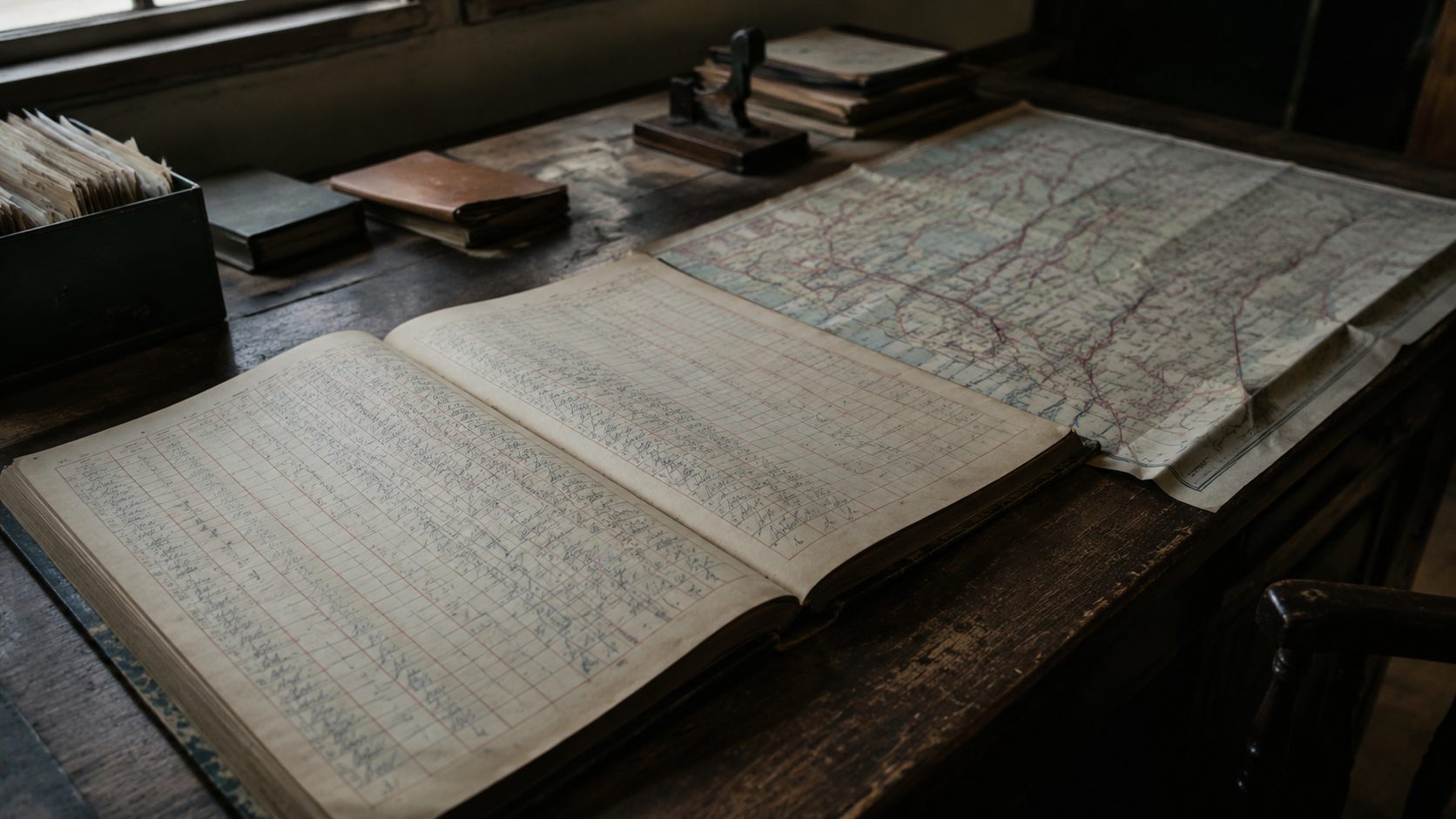 An attendance ledger and route map resting on a worn school office desk. FACEBOOK ANGLE: An ordinary rural bus route ended with a record that contradicted itself: the bus was empty, the seats were wet, and the children were already marked present. FACEBOOK VISUAL MOMENT: The empty bus sitting in the depot bay, its aisle reflecting dull morning light as if it had just come out of water. FACEBOOK SHORT SUMMARY: Silverton’s strangest school morning was not remembered for a disappearance, but for a return that seemed to happen too quickly and left behind evidence no route map could explain.
