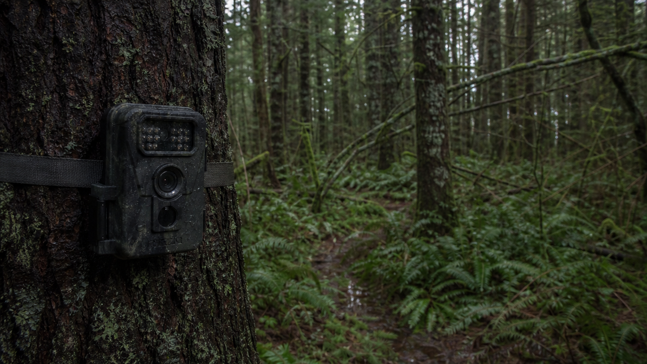 Trail camera mounted to a cedar tree in a wet forest near Stillwater Ridge