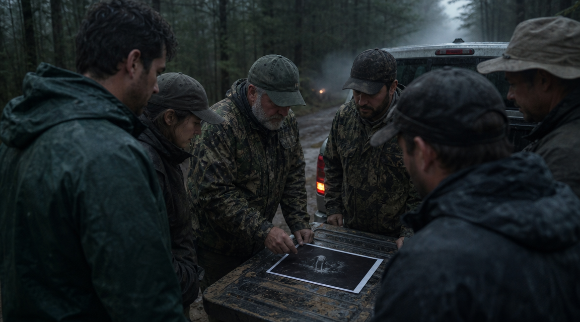 Search team members review a printed trail camera image on a pickup tailgate
