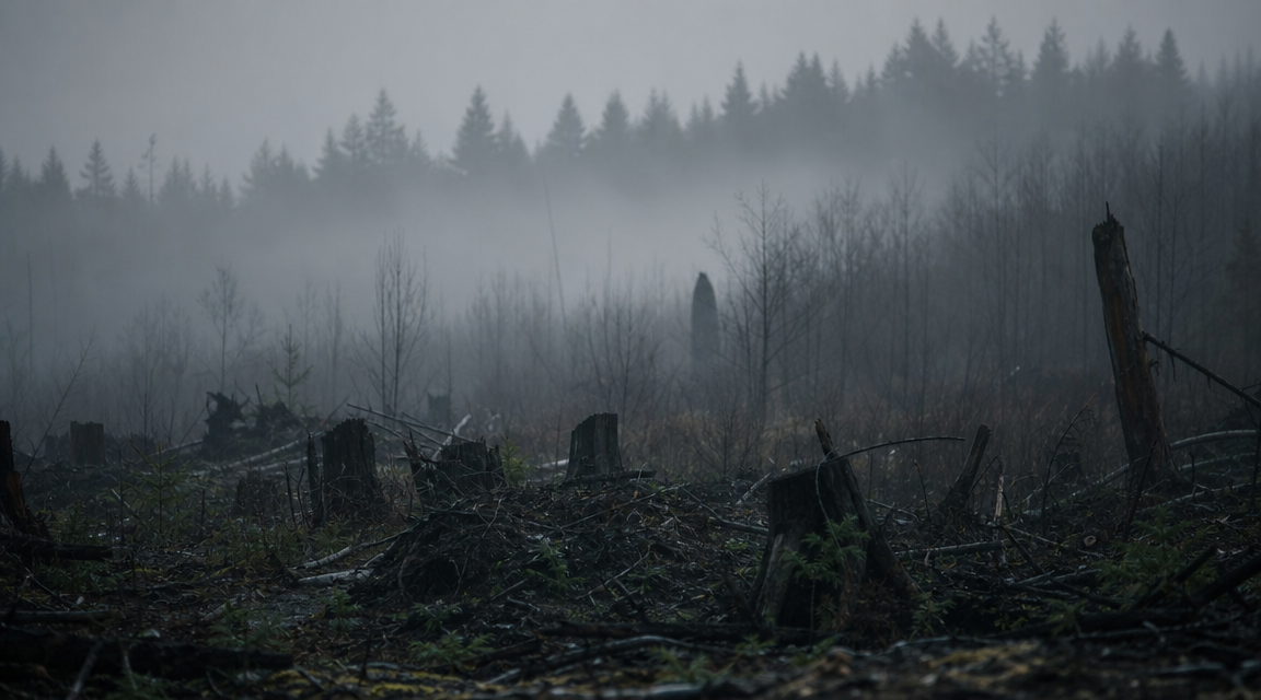 Foggy logging cut with an ambiguous upright shape partly obscured by brush