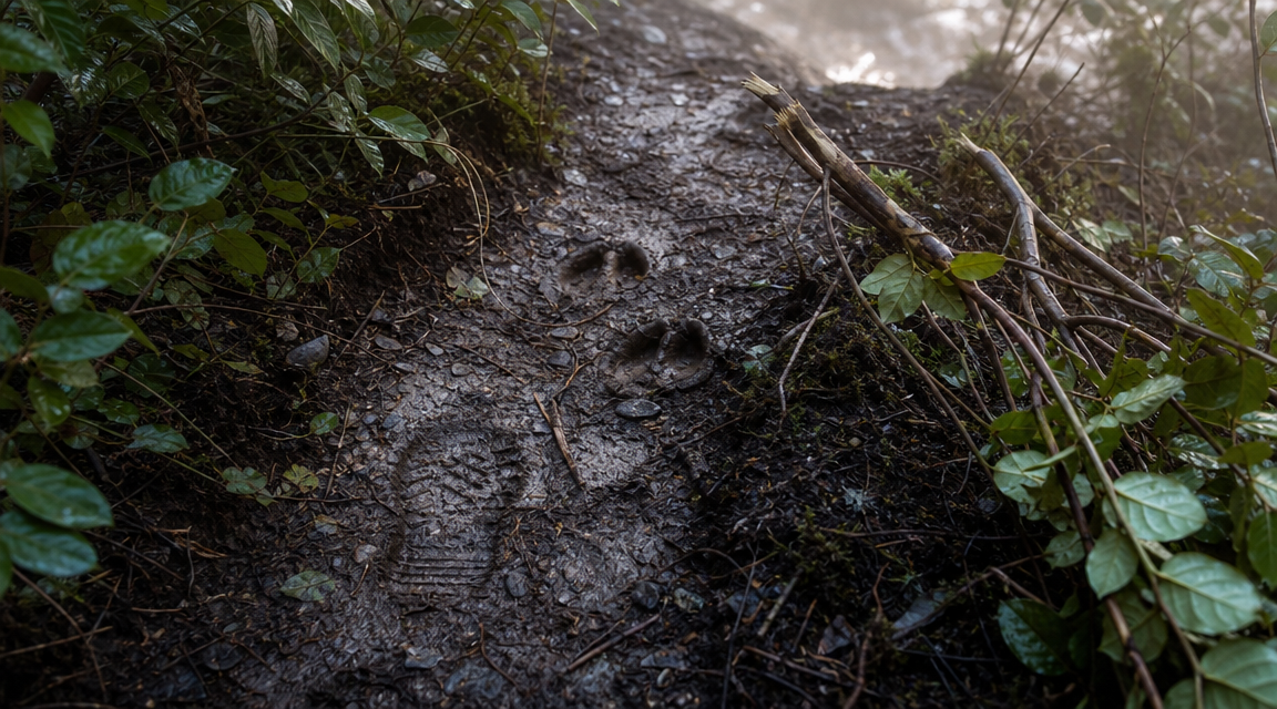 Muddy ridge trail showing mixed tracks and broken brush after rain