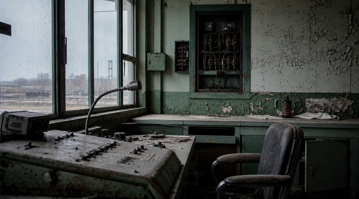 Dusty railway switchyard office interior
