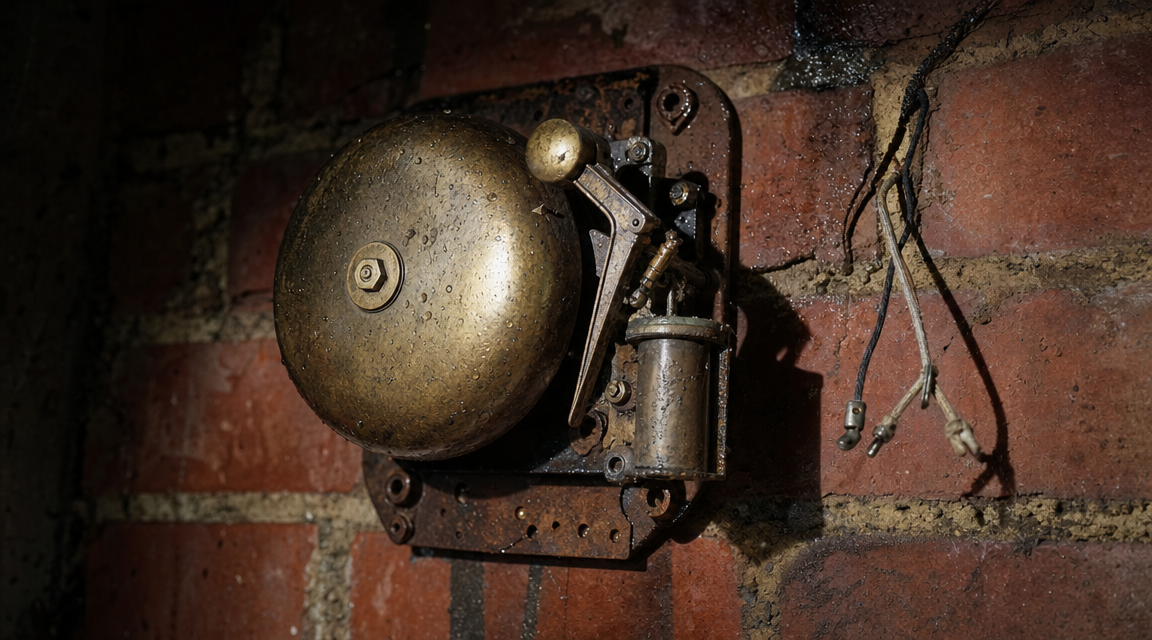 Tarnished brass alarm bell with disconnected wires