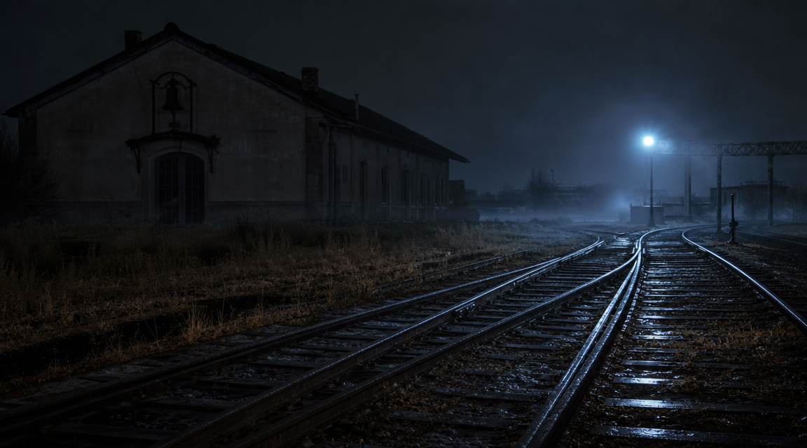 Wet empty tracks near the abandoned switchyard
