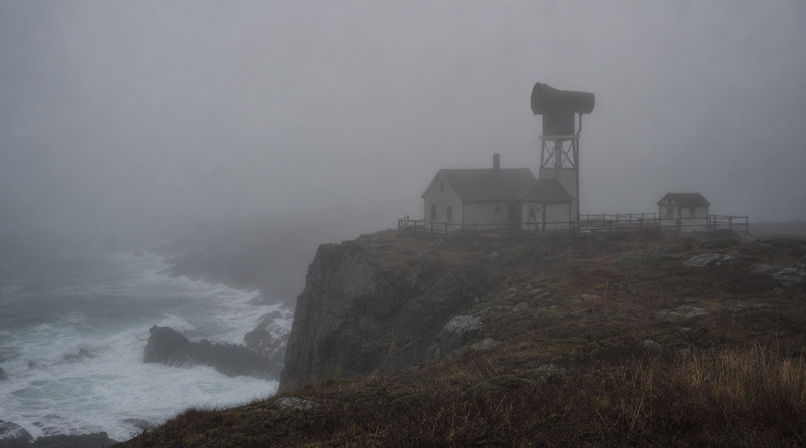 A fog signal station on a rocky coast is nearly swallowed by storm fog.