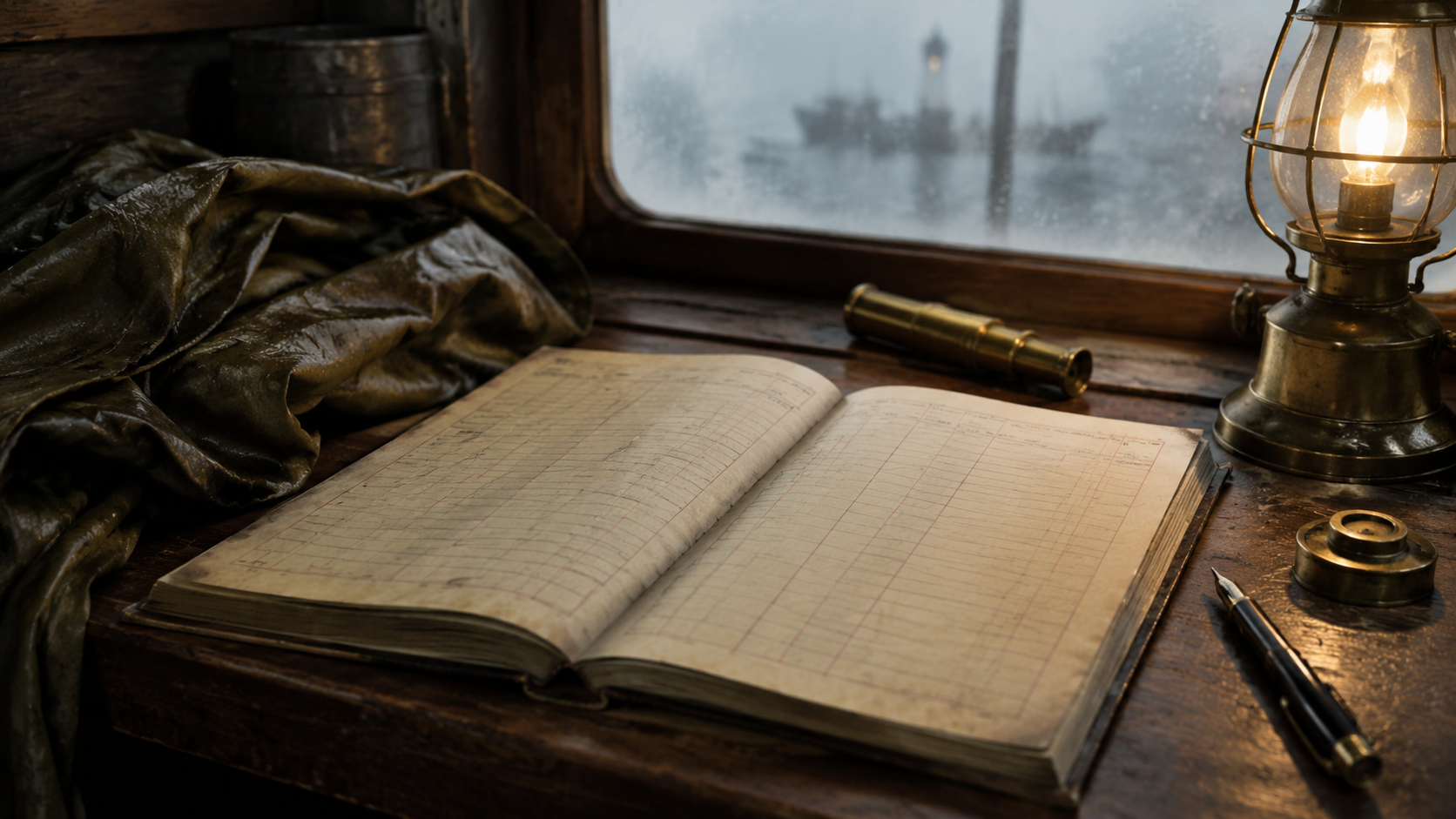 An old logbook lies open on a keeper’s desk beside a brass lamp.