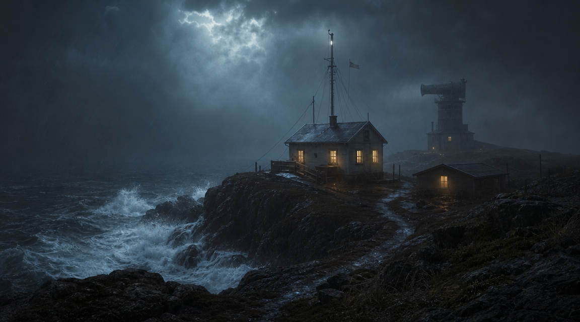 Lantern light glows from a fog signal station during a night storm.
