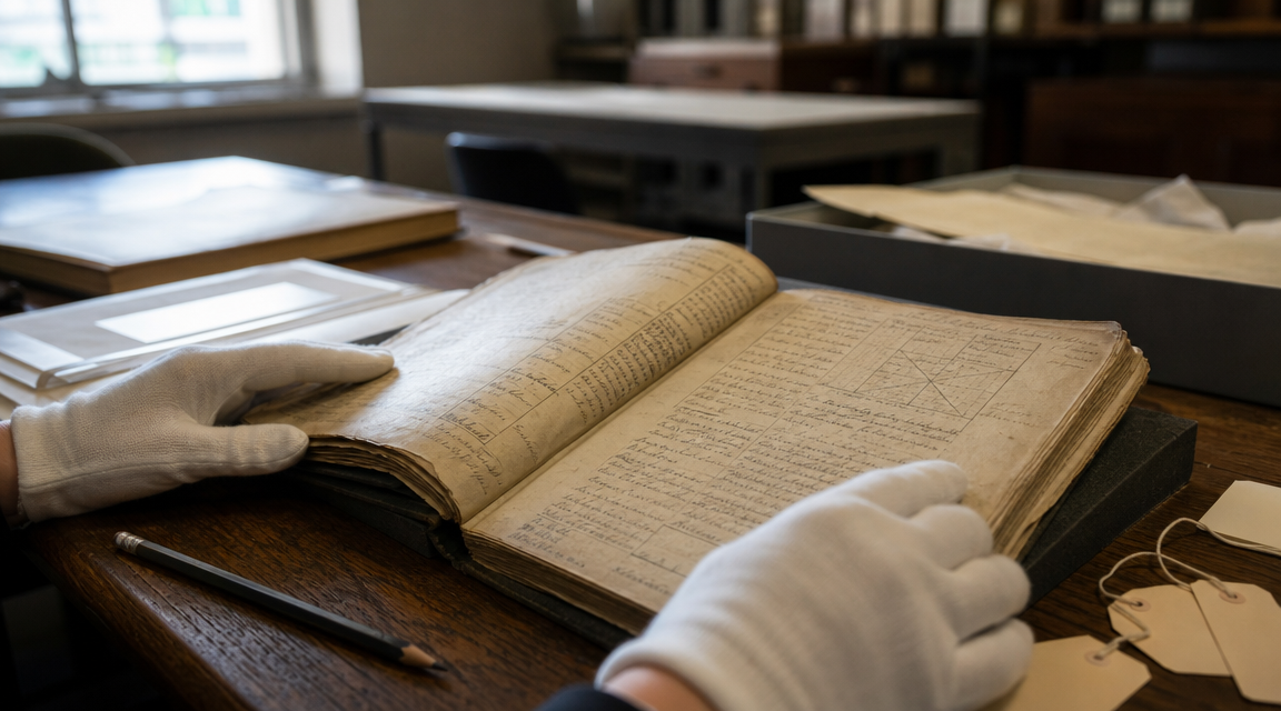 Gloved hands examine a weathered maritime logbook in an archive.