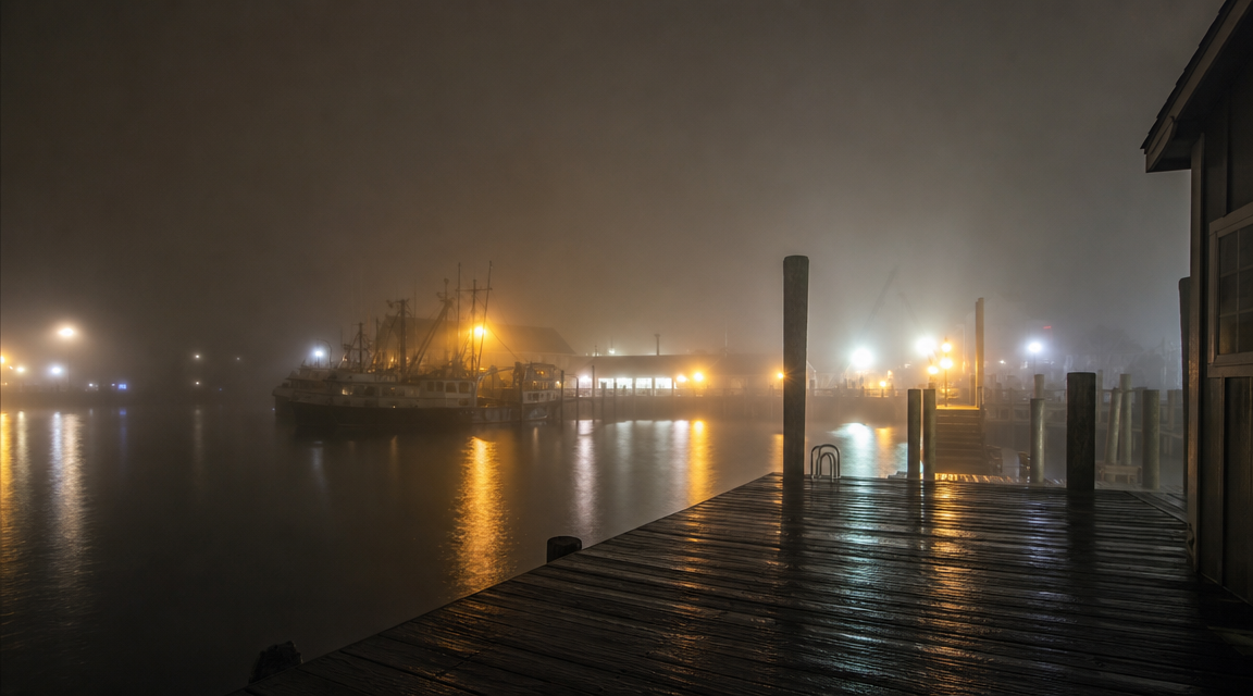 A foggy small harbor at night with yellow maintenance lights glowing along the dock.