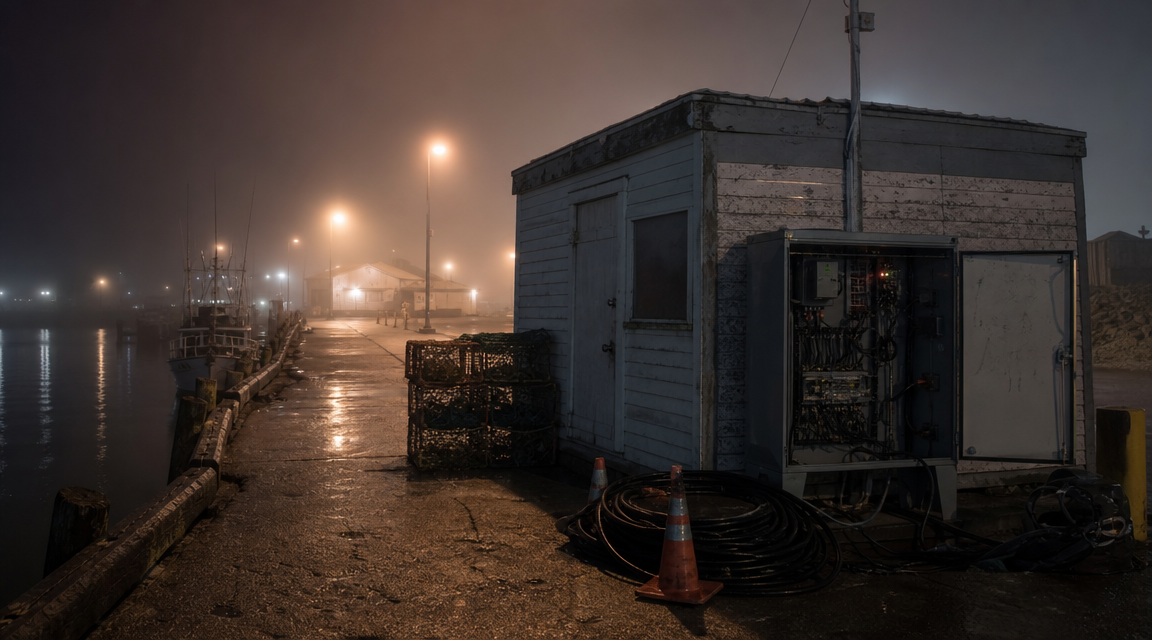 A harbor service shed and electrical cabinet beside a fog-covered pier.