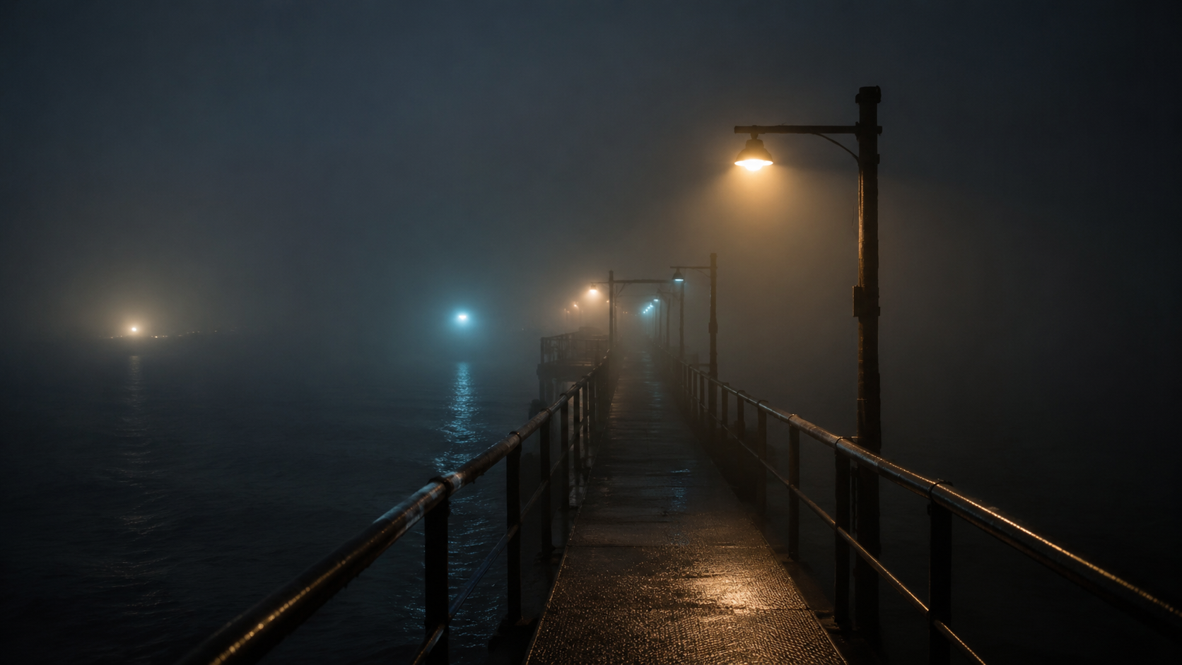 A pier walkway vanishes into fog with utility lamps glowing down its length.