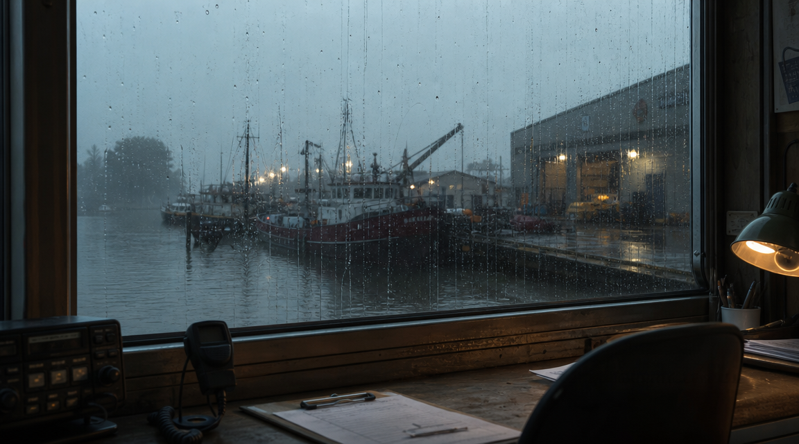 A harbor office window looks out onto foggy docks and dim maintenance lights.