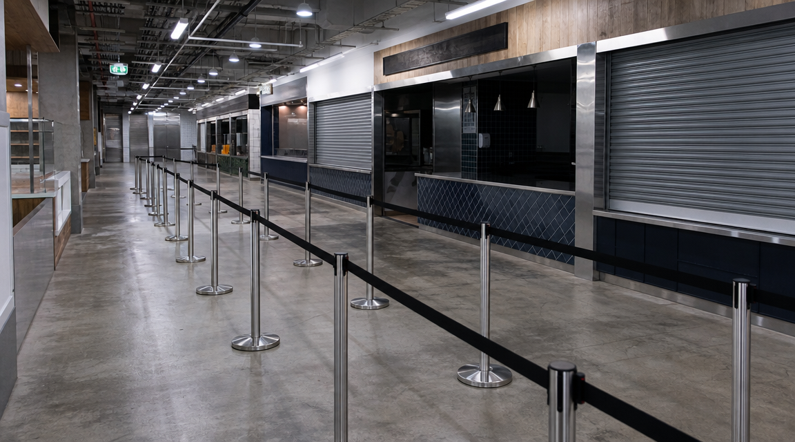 Empty indoor market concourse with queue barriers set up before opening.