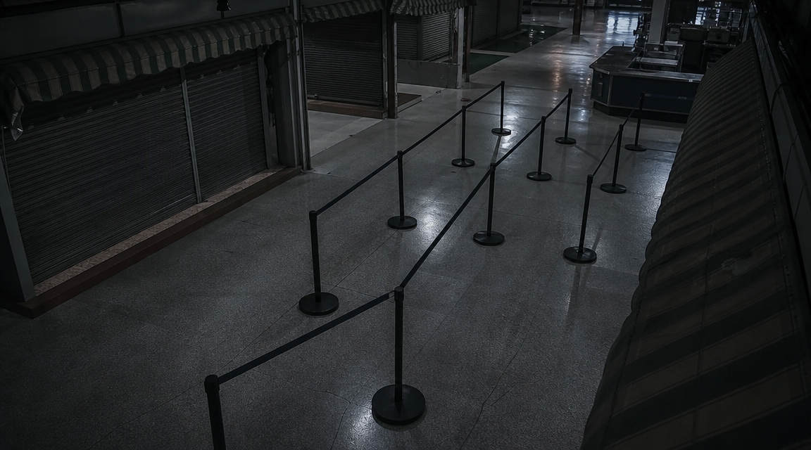 High corner view of empty queue barriers inside a closed market hall.