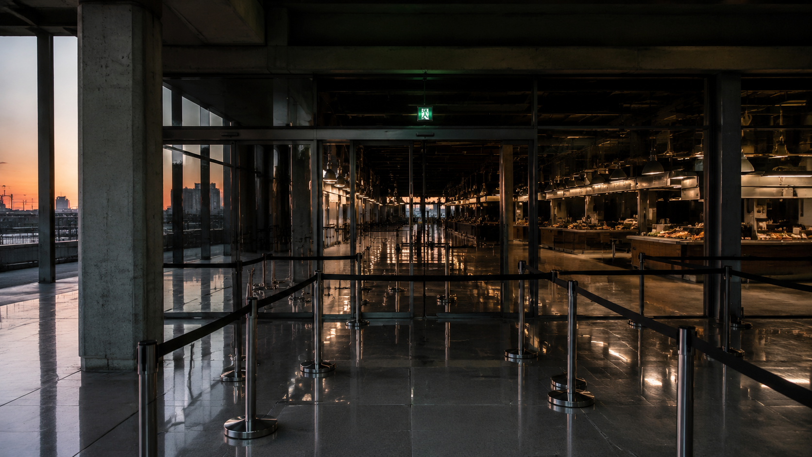 Locked market entrance with empty zigzag queue lane at dawn.