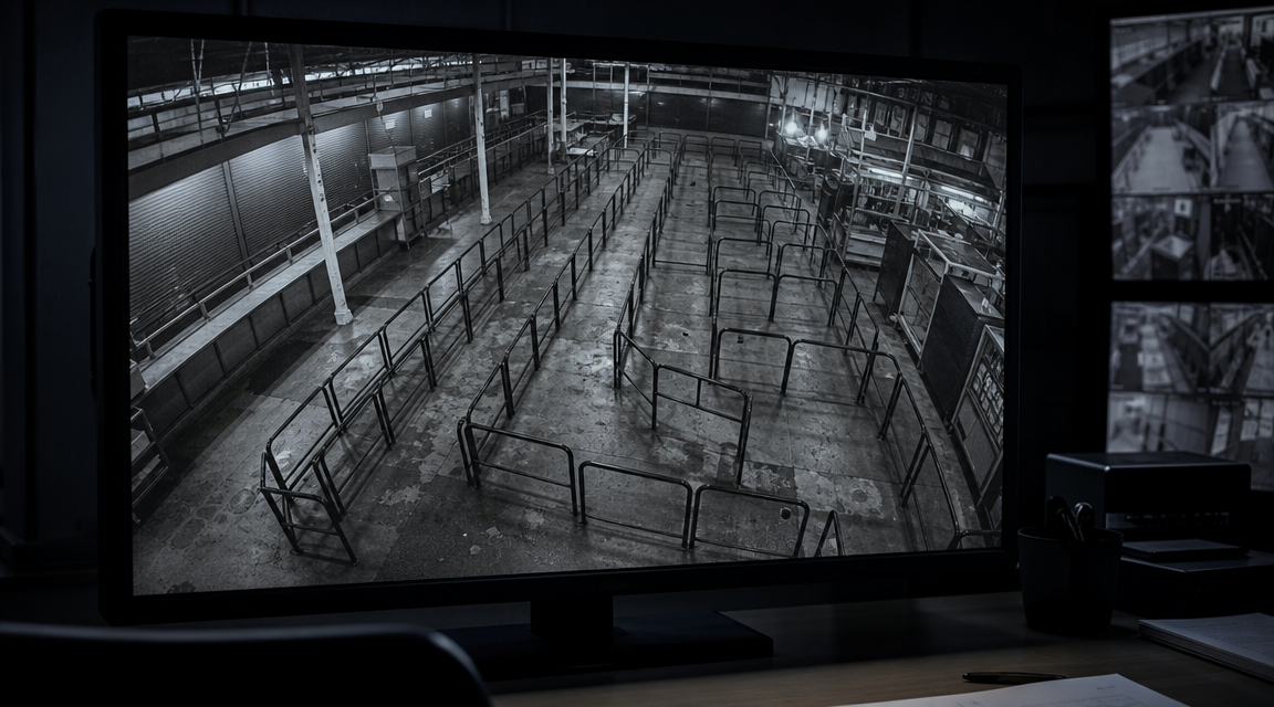 Security monitor displaying an empty market queue area on CCTV.