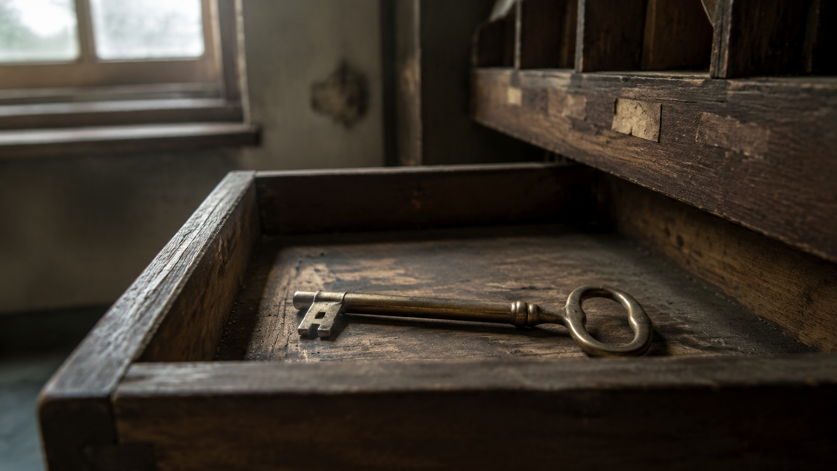 Tarnished brass key lying in an old wooden post office drawer.