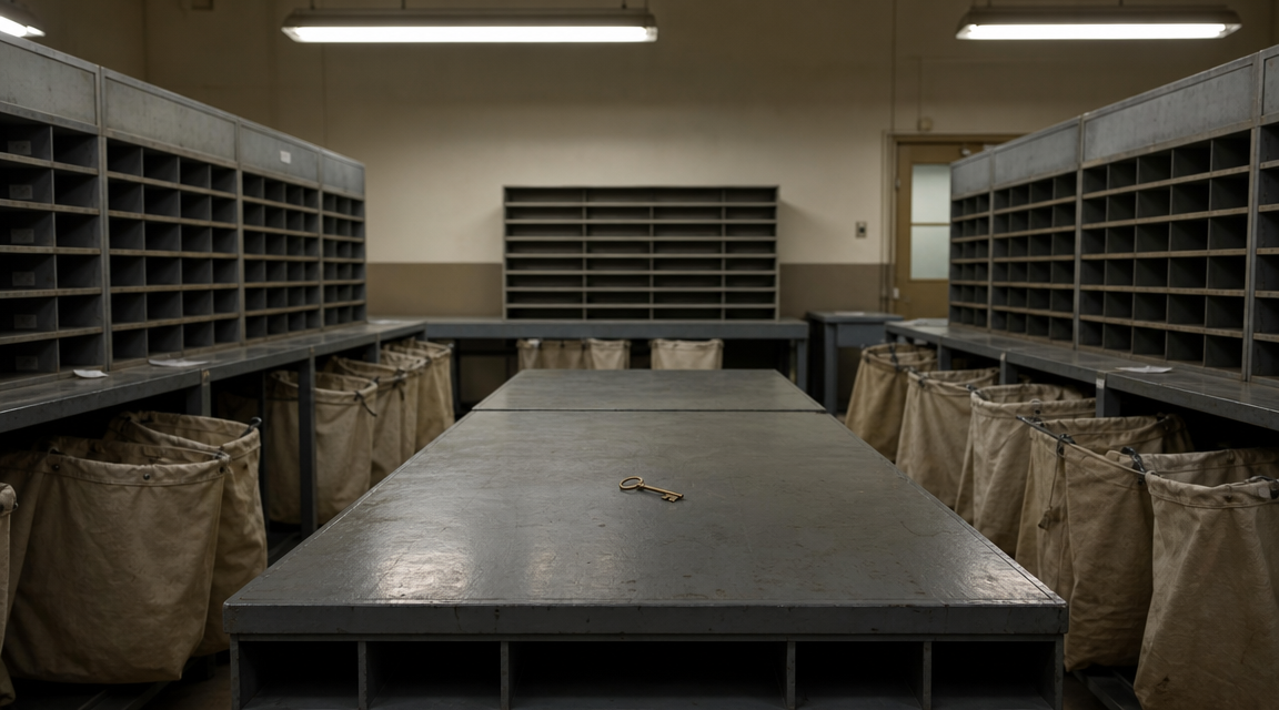 Empty post office sorting room with a brass key on the table.