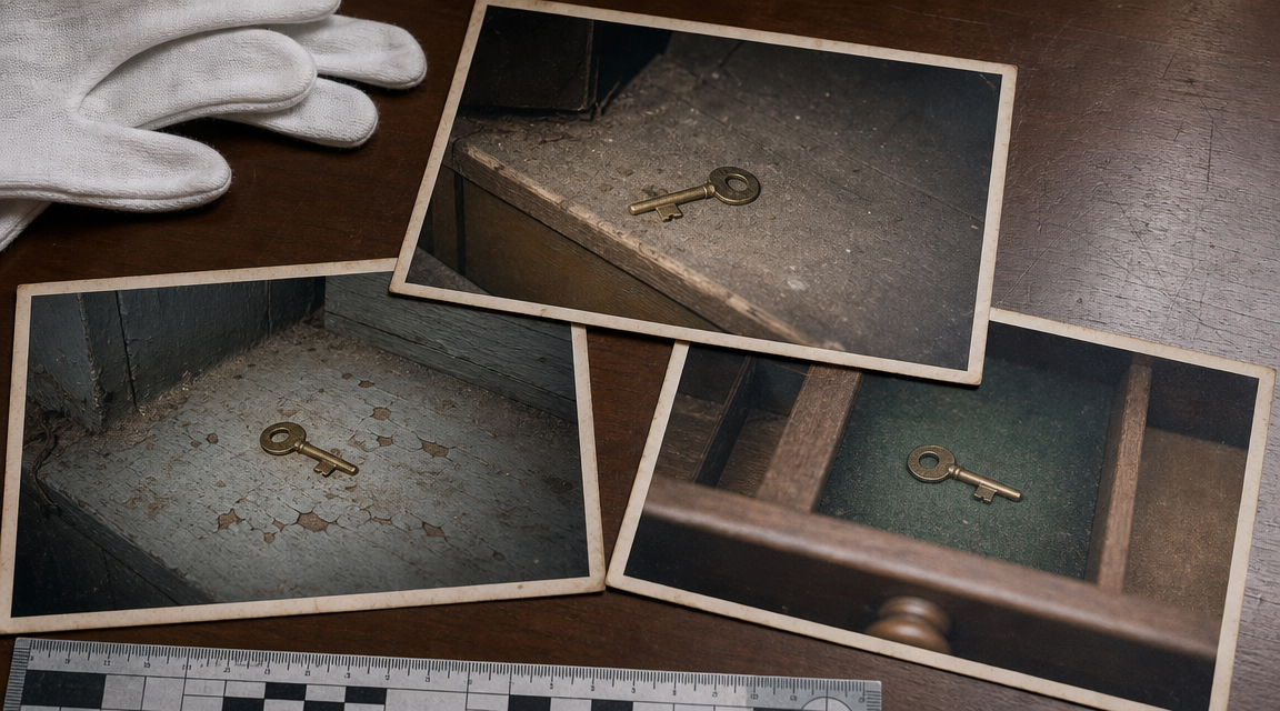 Three faded inventory photos showing the same mysterious key.