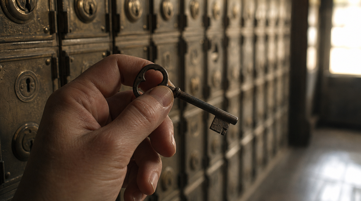 Old brass key held in front of antique post office boxes.