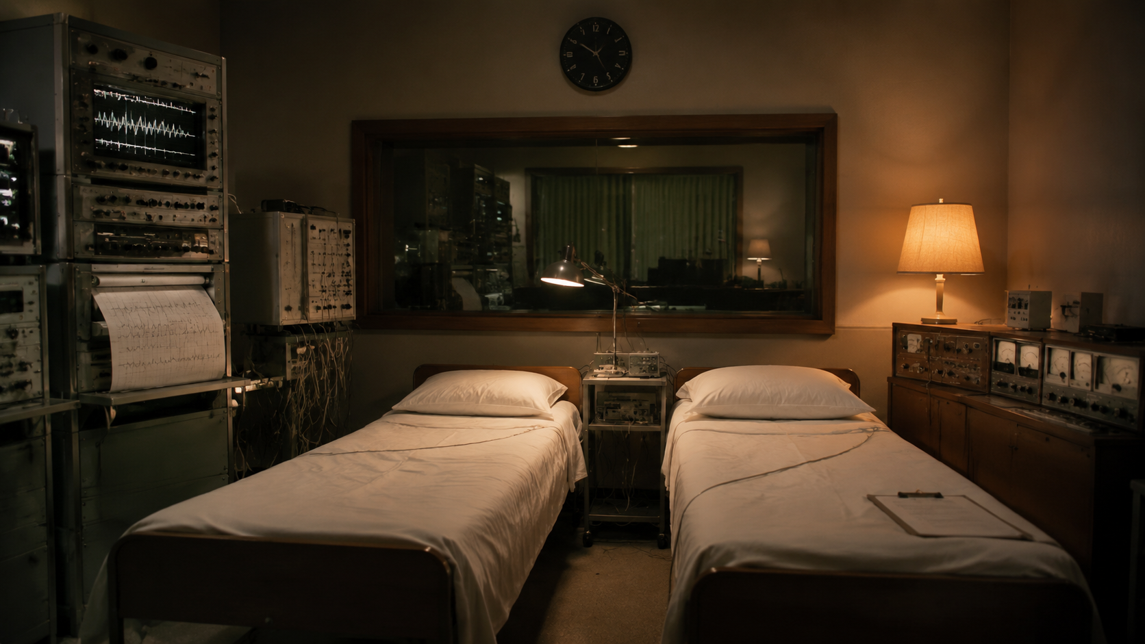 Dim vintage sleep laboratory with beds, monitoring equipment, and a dark wall clock.