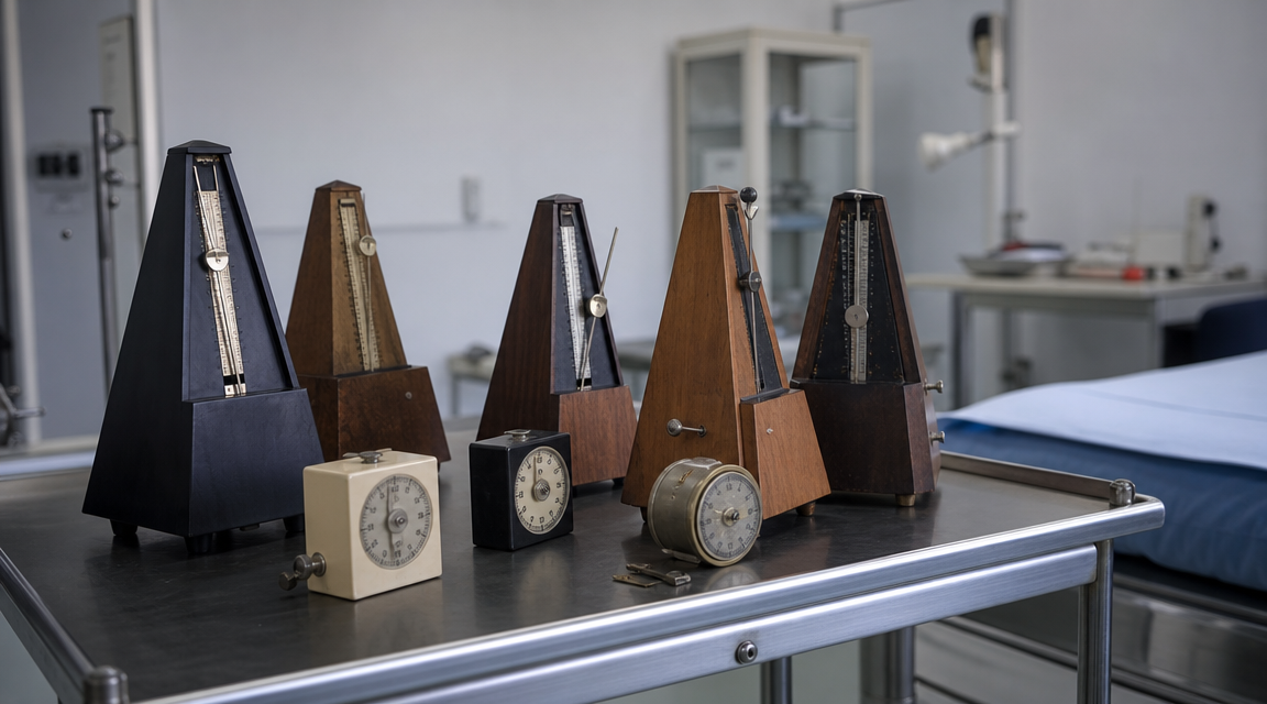 Old metronomes and bedside timing devices on a laboratory cart.