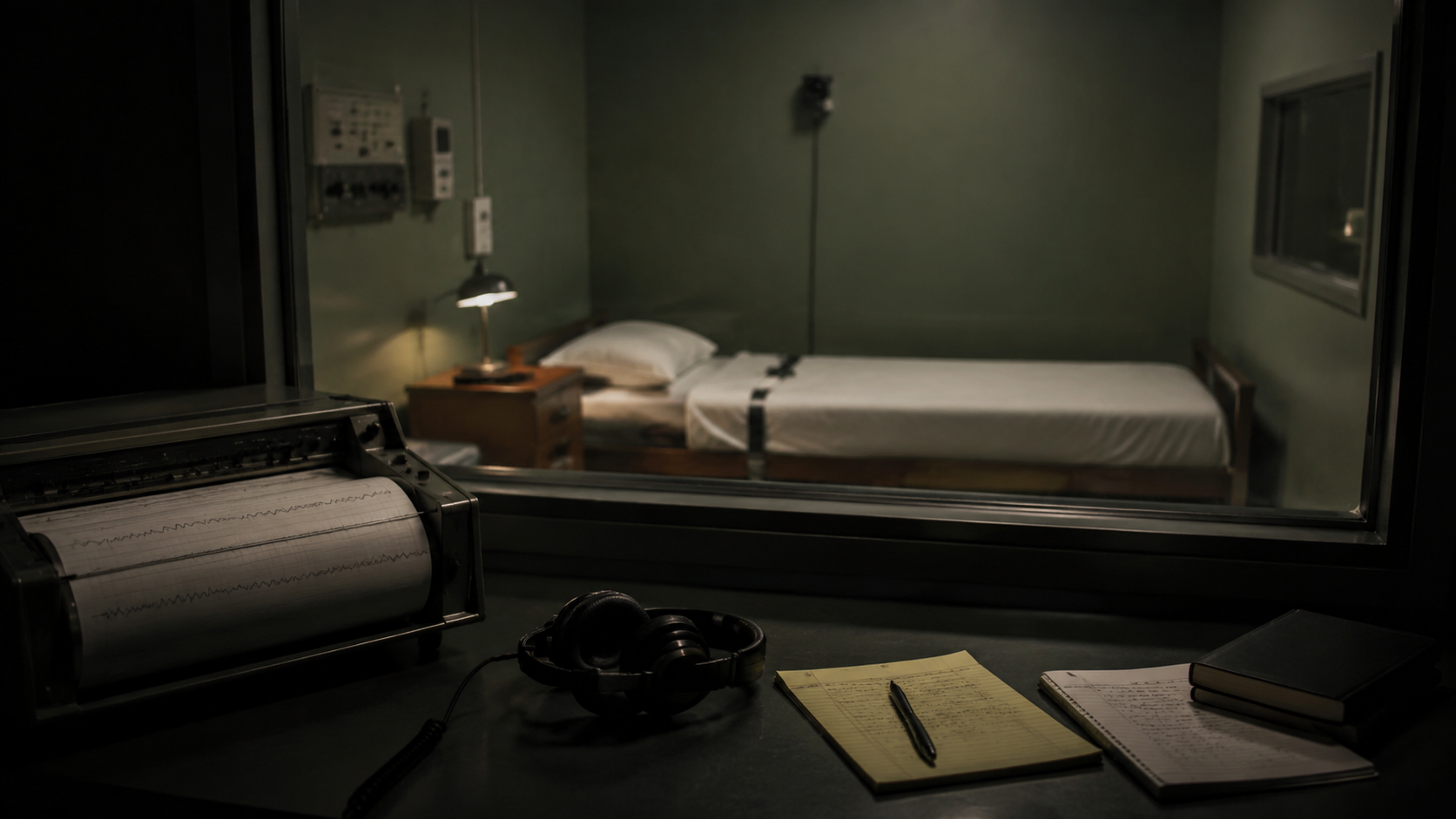 Observation booth looking into an empty sleep room with analog recording equipment.