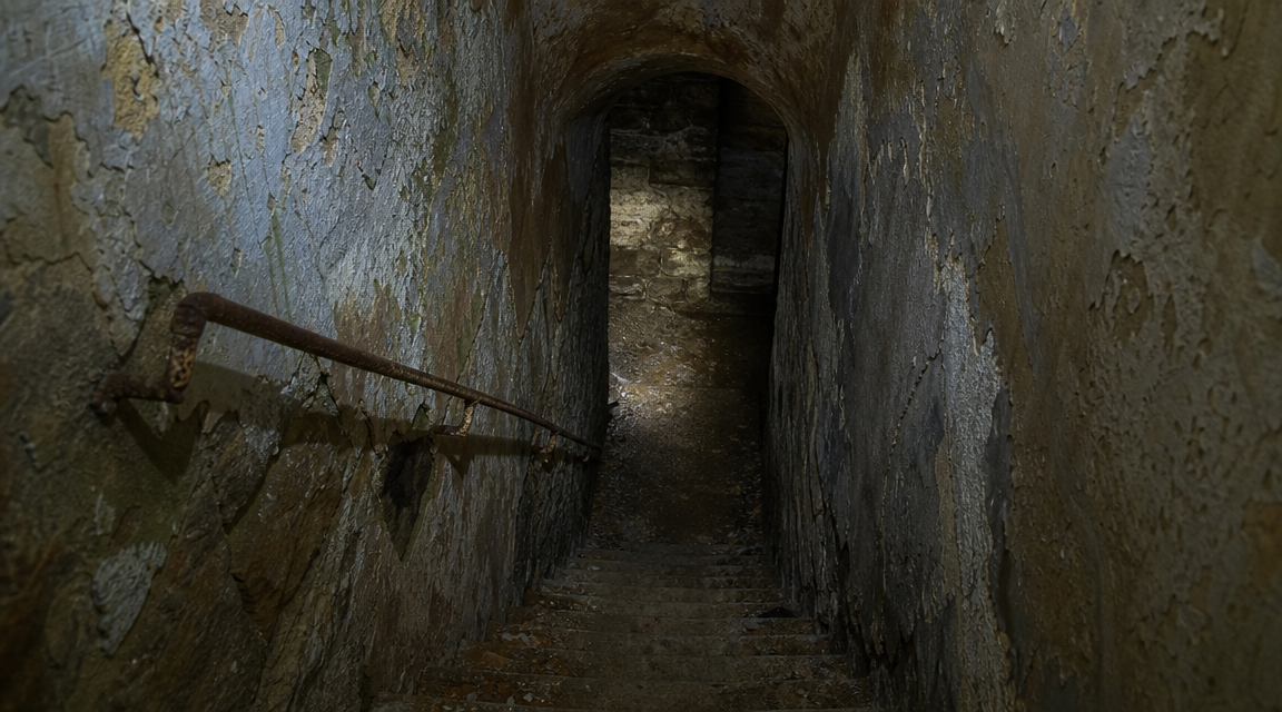 Narrow cellar stairwell beneath an abandoned manor with damp stone walls and a rusted handrail.