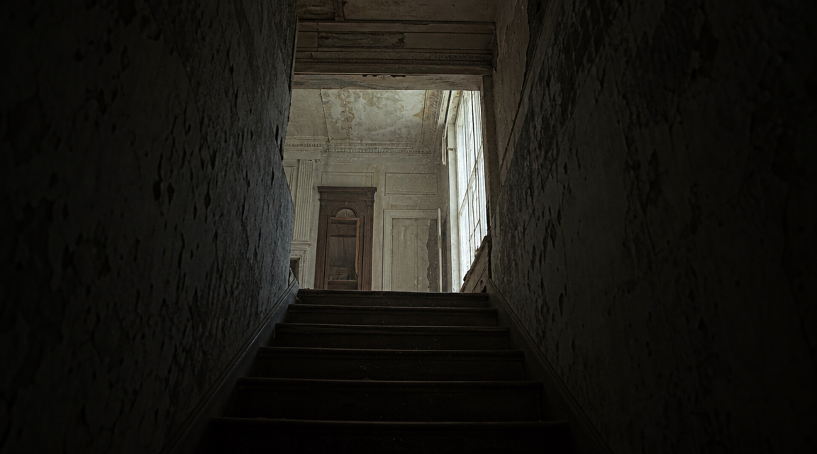 View from the bottom of a dark cellar stairwell looking up toward pale daylight.
