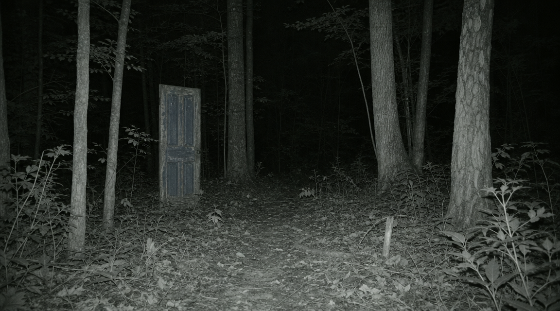Trail camera view of a blue interior door standing upright in a wooded clearing at night.