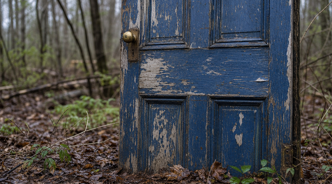 Close view of a weathered blue door with chipped paint and an old knob.