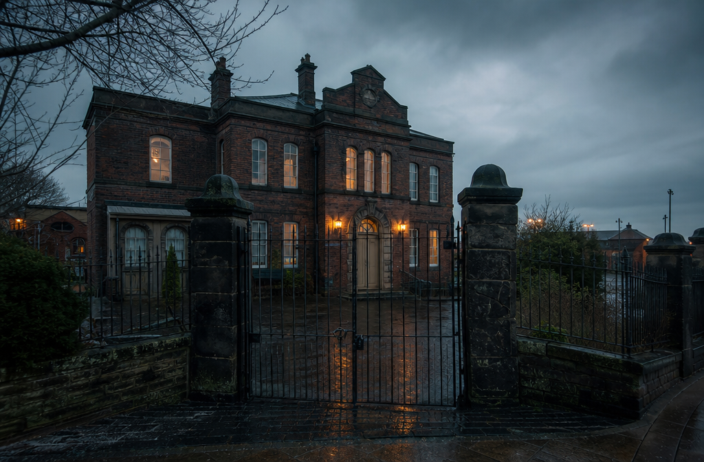 Old municipal warden house at dusk behind locked gate