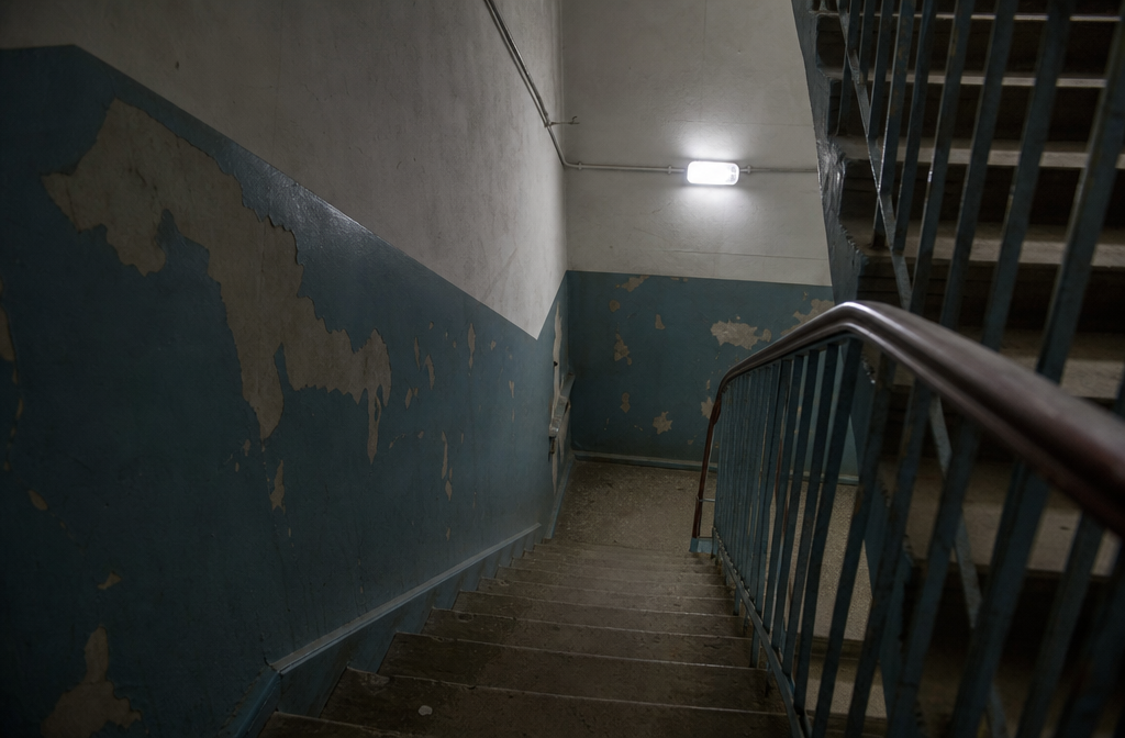 Dim stairwell landing inside old warden house